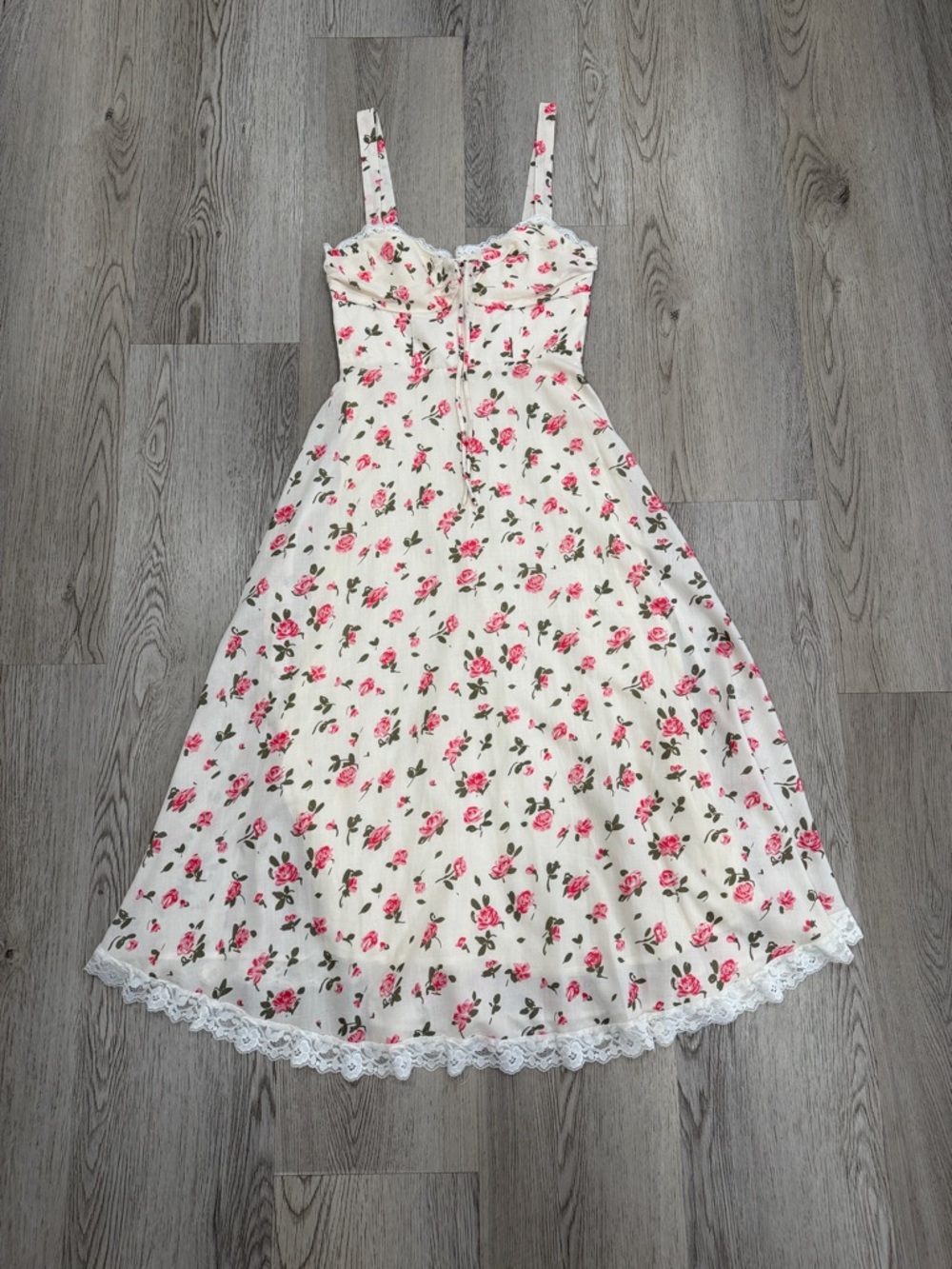 Floral Lace-Trim Sundress - Pink Roses on White